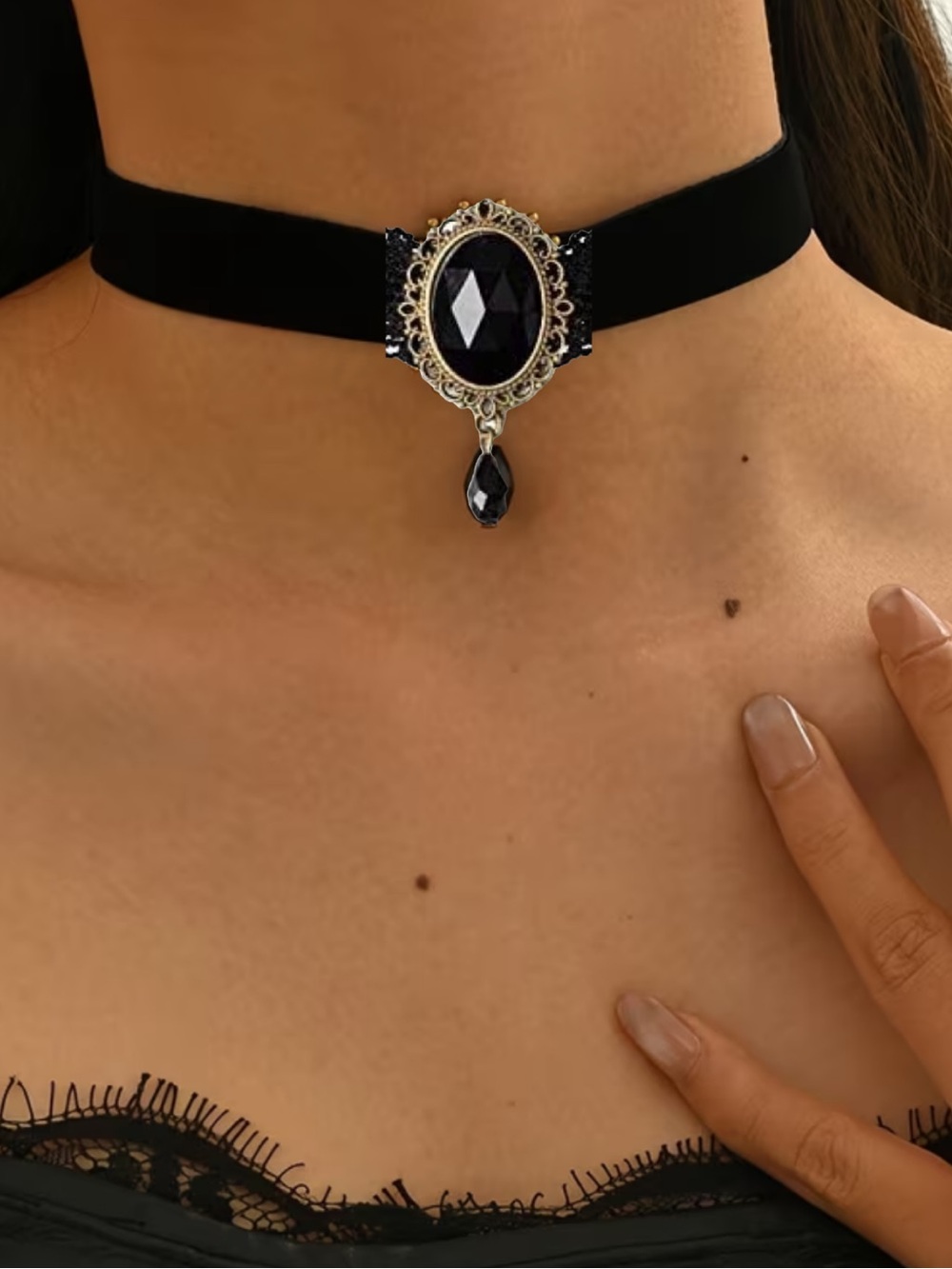 Black Velvet Choker Necklace with Faceted Black Gem Pendant